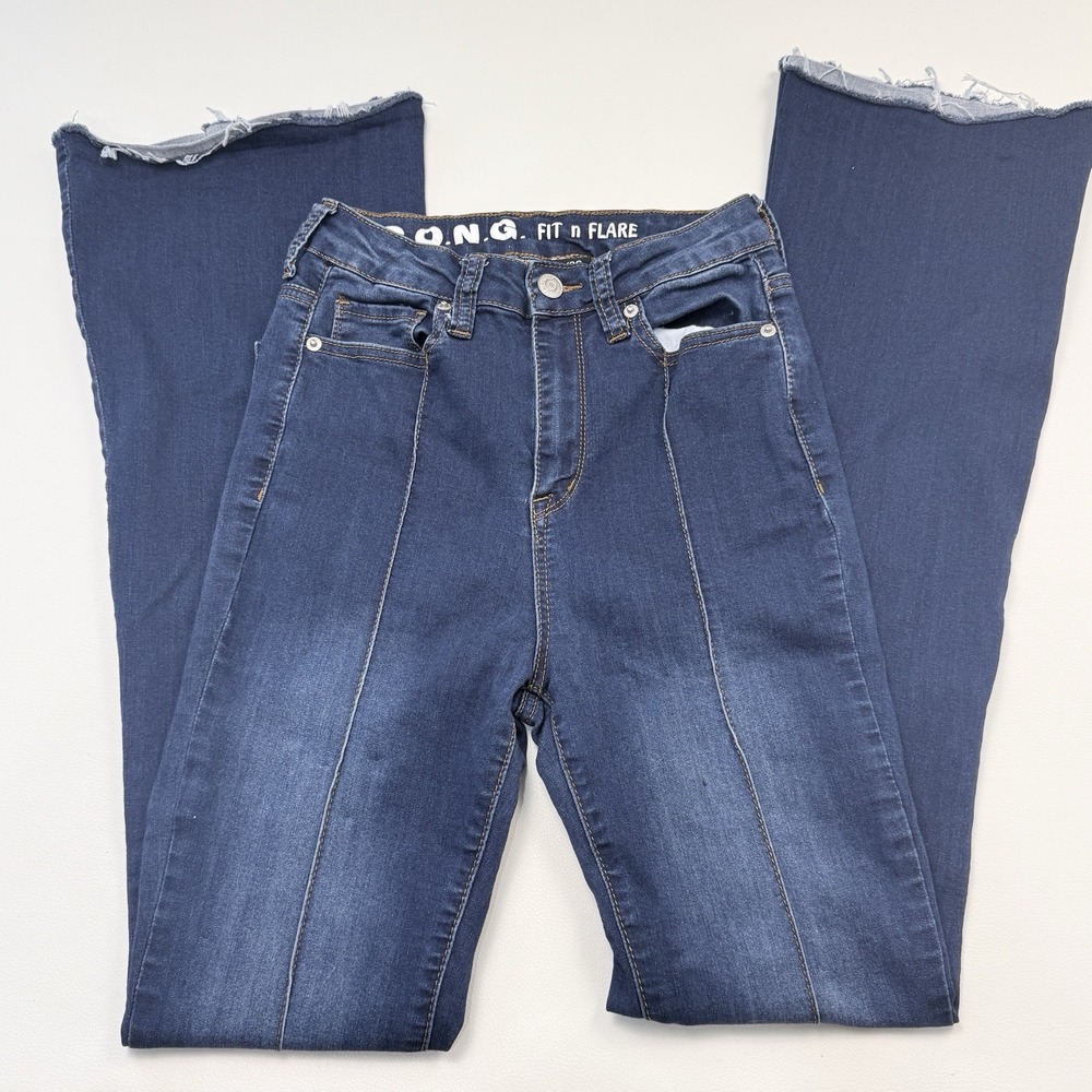 SONG Fit N Flare Jeans Size 3/26 (23x31) Blue Dark Wash Mid Rise Stretch Raw Hem
